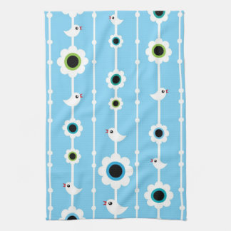 bird and flowers blue pattern towel