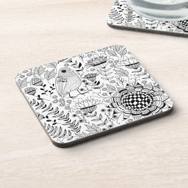 Bird and flowers doodle pattern beverage coaster (Left Side)