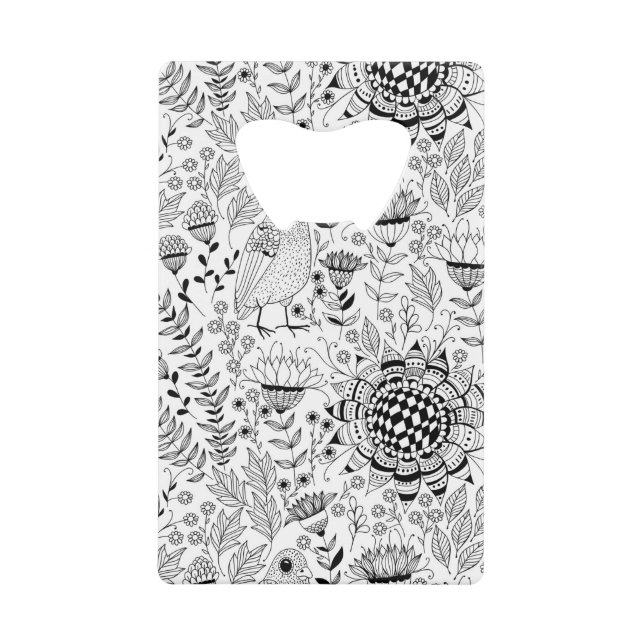 Bird and flowers doodle pattern credit card bottle opener (Front)