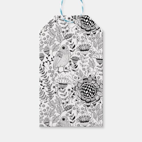 Bird and flowers doodle pattern gift tags