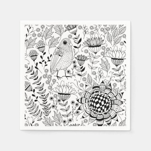 Bird and flowers doodle pattern paper napkins