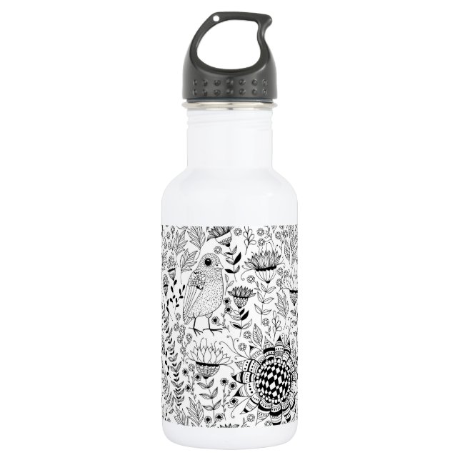 Bird and flowers doodle pattern stainless steel water bottle (Front)