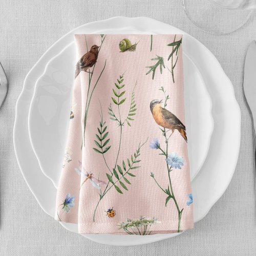 Bird and Flowers Floral Watercolor  Cloth Napkin