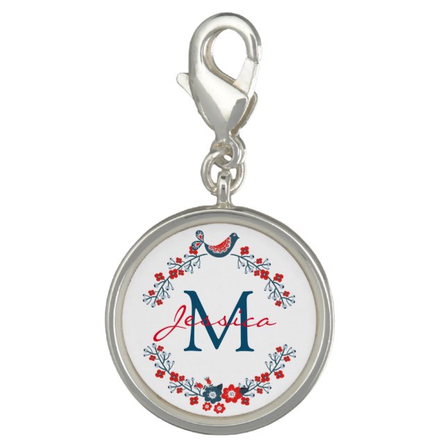 Bird and Flowers Folk Art Wreath Monogram Charm (Front)