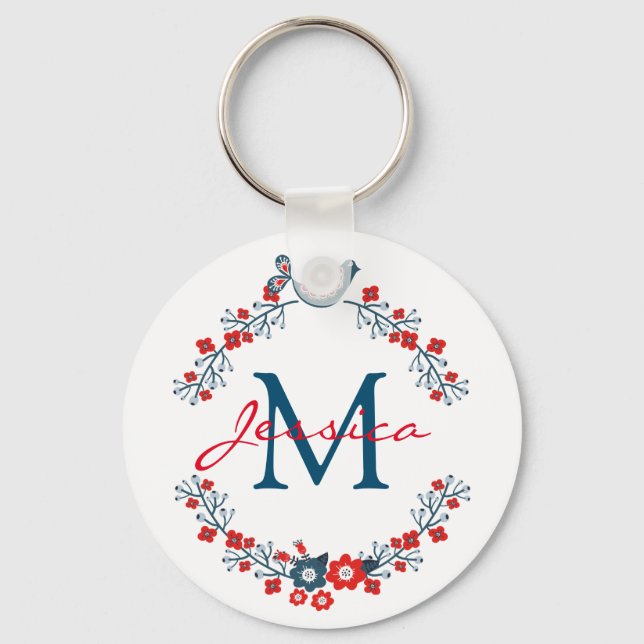 Bird and Flowers Folk Art Wreath Monogram Keychain (Front)