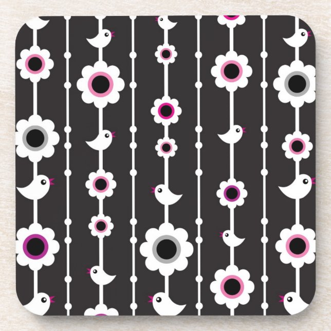 bird and flowers pattern beverage coaster (Front)