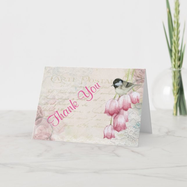 Bird and Flowers Shabby Vintage Thank You Card (Front)