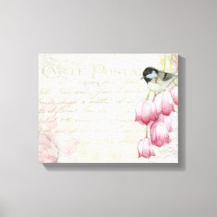 Bird and Flowers with Handwriting Shabby Vintage Canvas Print