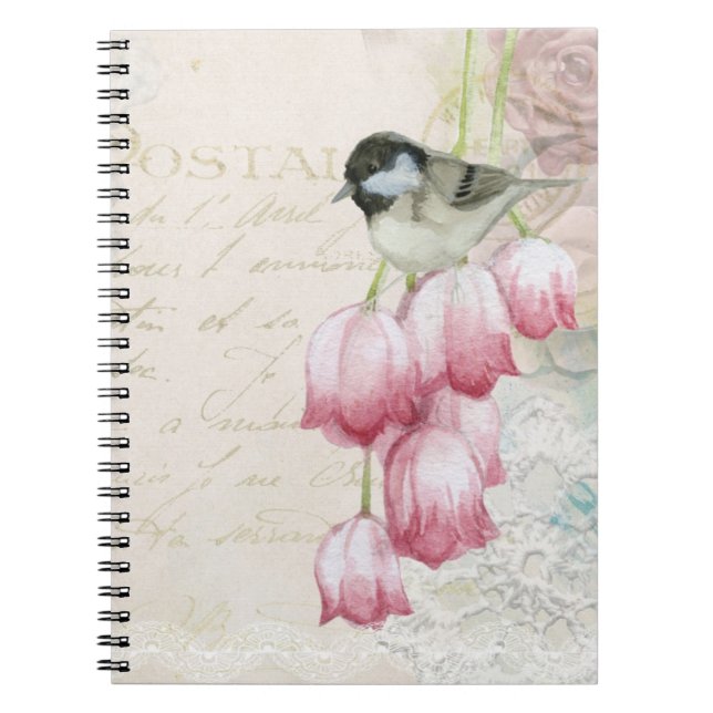 Bird and Flowers with Handwriting Shabby Vintage Notebook (Front)