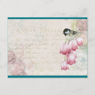 Bird and Flowers with Handwriting Shabby Vintage Postcard