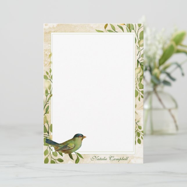 Bird and Foliage Border Personalized Stationery Thank You Card (Standing Front)