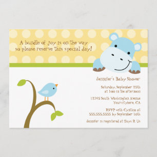Bird and hippo polkadots baby shower invitation
