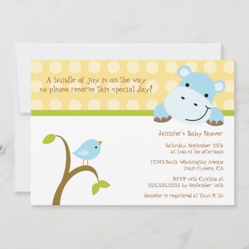 Bird and hippo polkadots baby shower invitation