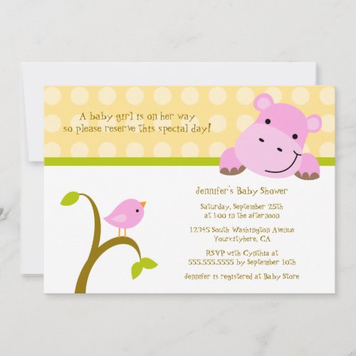 Bird and hippo polkadots baby shower invitation