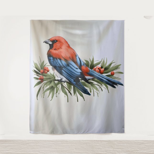 Bird and Holly Christmas Wall Art Tapestry (Front)