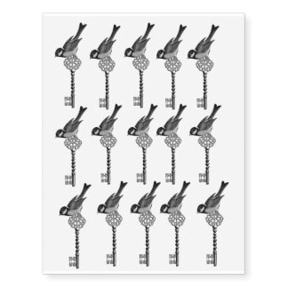 Bird and Key, vintage inspired Temporary Tattoos