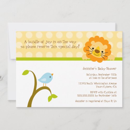 Bird and lion polkadots baby shower invitation