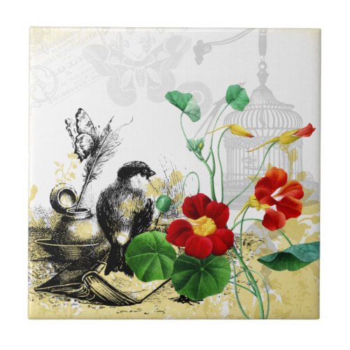 Bird and Orange Nasturtiums Ceramic Tile