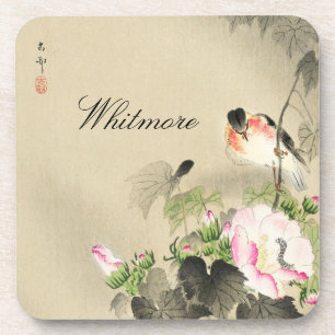 Bird and Pink Blossoms Vintage Japanese Print Beverage Coaster