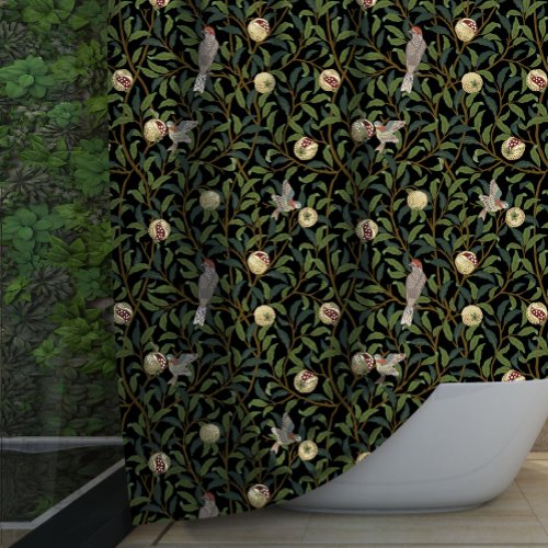 BIRD AND POMEGRANATE IN VINTAGE BLACK _ MORRIS SHOWER CURTAIN
