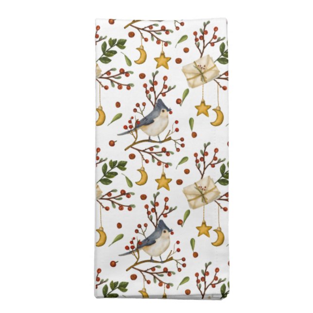 Bird and Red Berries Festive Cloth Napkin (Folded)