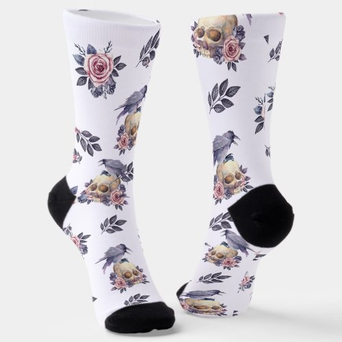 Bird and Skull Illustration with a Floral Touch Socks