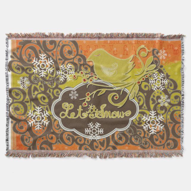 Bird and Snowflake Swirls Holiday Throw Throw Blanket (Front)