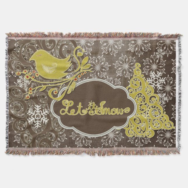 Bird and Snowflakes on Brown Holiday Throw Throw Blanket (Front)