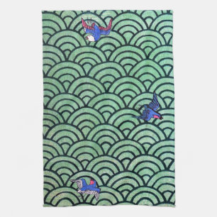 Bird and Wave Pattern, Japanese Design Kitchen Towel