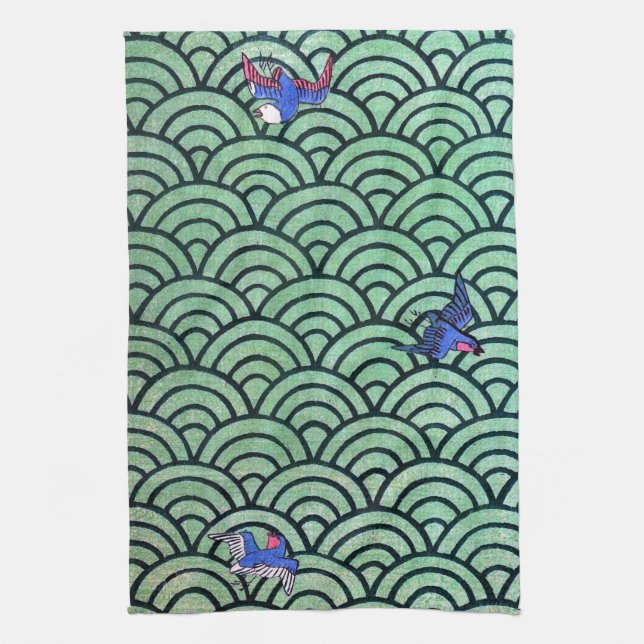 Bird and Wave Pattern, Japanese Design Kitchen Towel (Vertical)