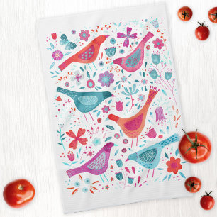 Bird and Wildflower Floral Watercolor Kitchen Towel