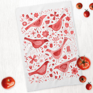 Bird and Wildflower Floral Watercolor Red White Kitchen Towel
