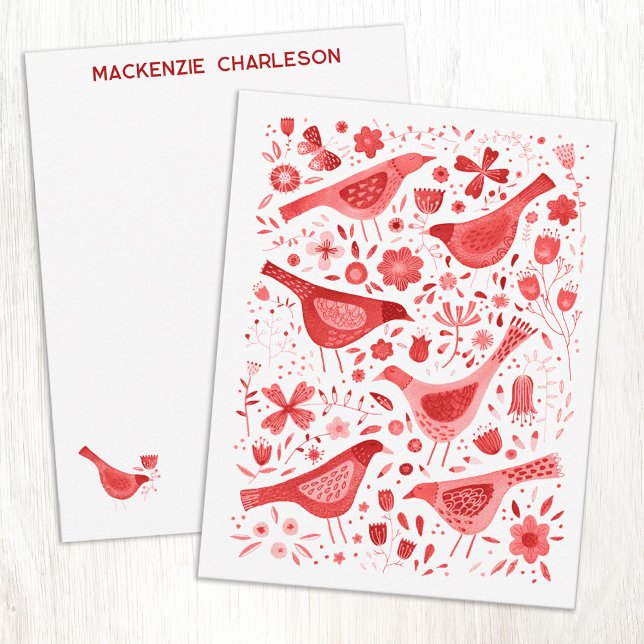 Bird and Wildflower Watercolor Red Personalized Note Card (Red bird and wildflower botanical floral personalized custom name or text art notecards)