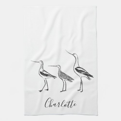Bird Art Drawing Black and White Personalized Name Kitchen Towel