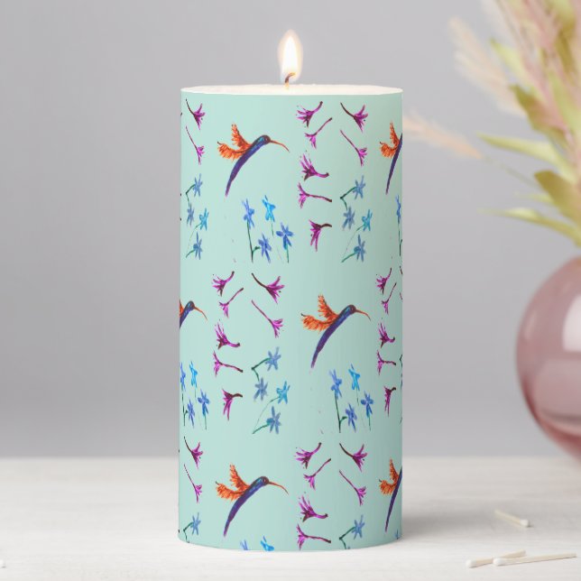 Bird Art Floral Hummingbirds Pillar Candle (In Situ)