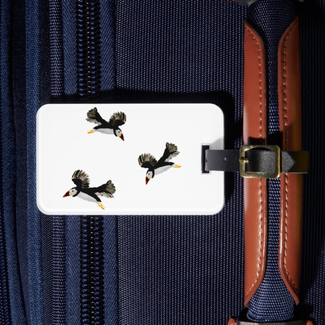 Bird Art Flying Puffins Luggage Tag (Front Insitu 4)