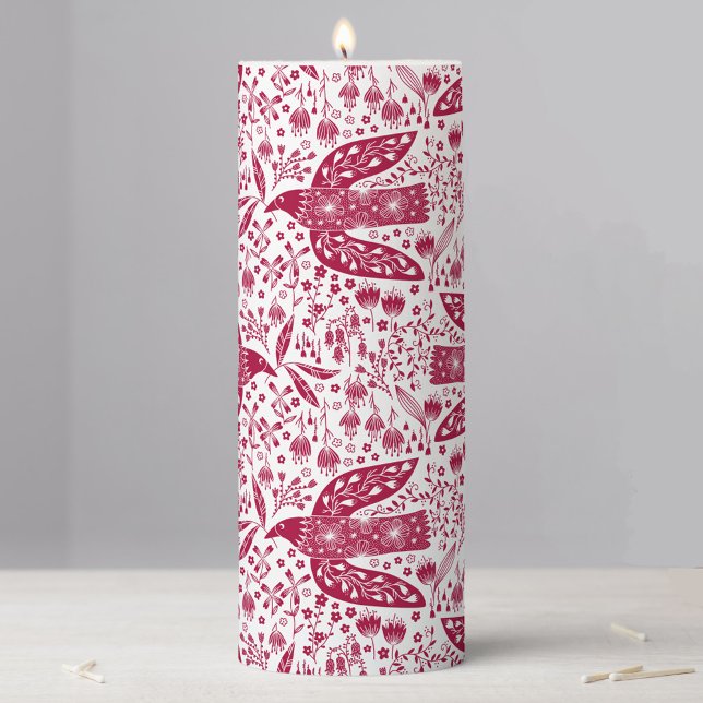 Bird Art Red Pillar Candle (Peace dove red and white folk art style decorative pillar candle)