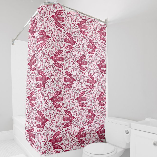 Bird Art Red White Shower Curtain (Magenta hot pink and white peace dove bird and flower pattern shower curtain)