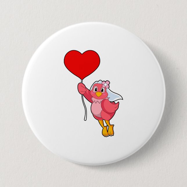 Bird as Bride with Veil & Heart Balloon Button (Front)