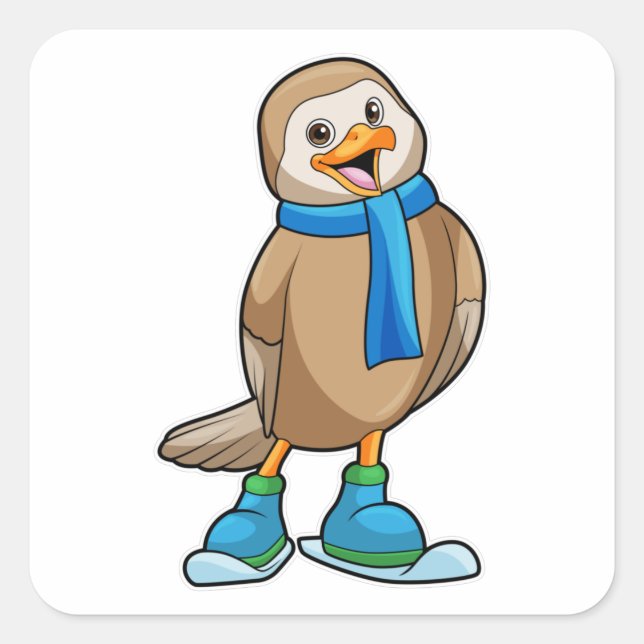 Bird as Skier with Ski & Scarf Square Sticker (Front)