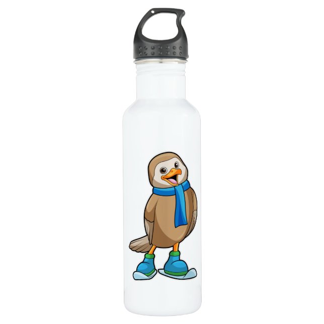 Bird as Skier with Ski & Scarf Stainless Steel Water Bottle (Front)