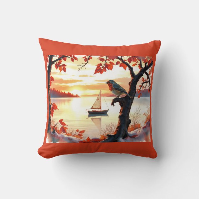 bird Autumn Sunset Sailboat Throw Pillow (Front)