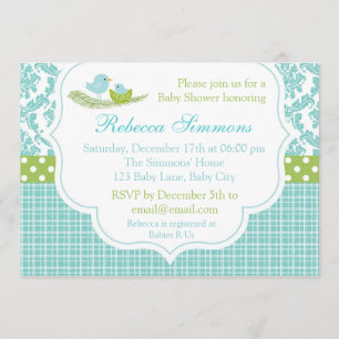 Bird Baby Shower Invitation Boy Damask Blue Green