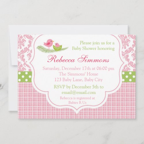 Bird Baby Shower Invitation Girl Damask Pink Green