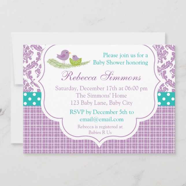 Bird Baby Shower Invitation Neutral Damask Purple (Front)