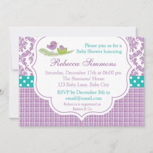 Bird Baby Shower Invitation Neutral Damask Purple