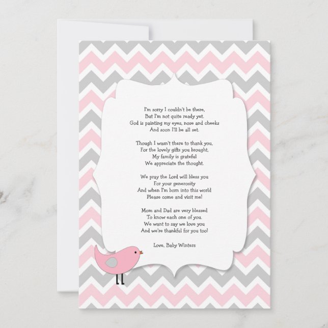 Bird Baby shower thank you notes poem pink gray (Front)