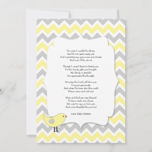 Bird Baby shower thank you notes poem yellow