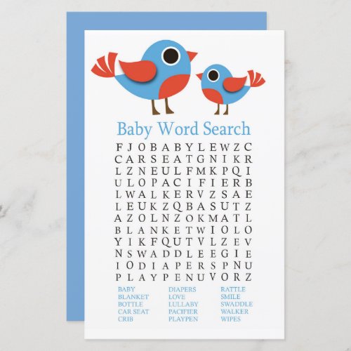 Bird Baby Shower Word Search Game