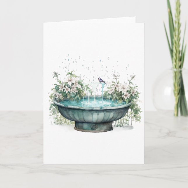 Bird Bath Surrounded by Flowers BLANK  Card (Front)